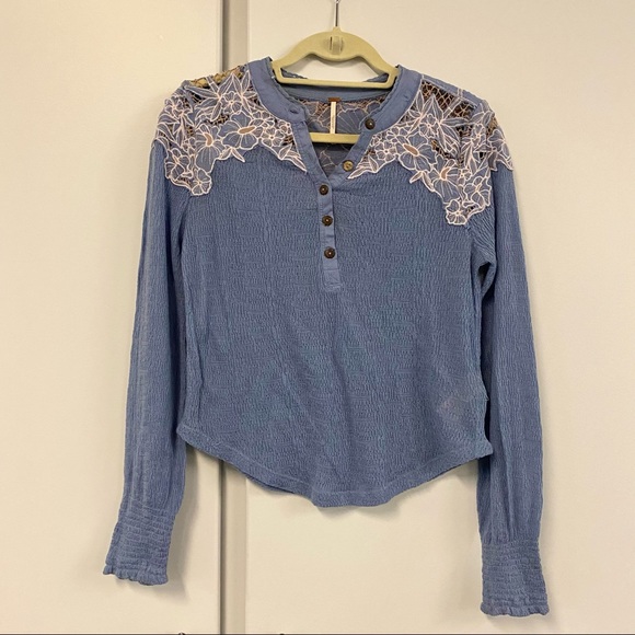 Free People Easy Breezy Long Sleeve Lace Henley Top - Picture 2 of 8